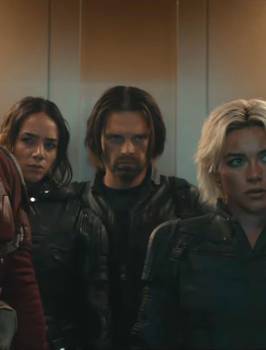Yelena Belova/White Widow (Florence Pugh) reunites with father figure Alexei Shostakov/Red Guardian, then collides with U.S. Agent/John Walker (Wyatt Russell), Ghost/Ava Starr (Hannah John-Kamen), and the Winter Soldier/Bucky Barnes (Sebastian Stan) stand in an elevator in a still from Marvel’s Thunderbolts*